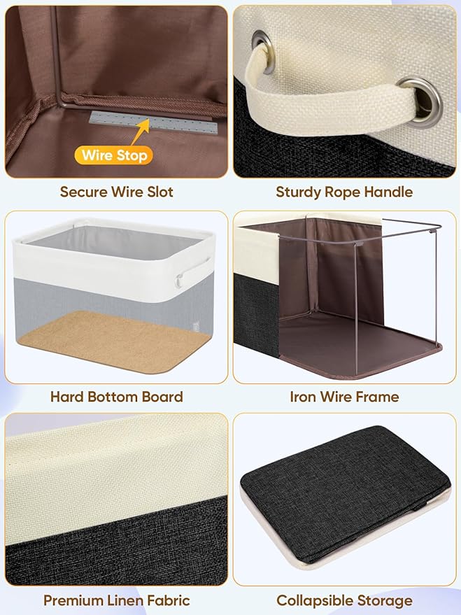 BALEINE 4 Pack Fabric Storage Bins for Shelves, Linen Storage Baskets for Organizing, Decorative Closet Bins for Clothes, Home (Black, 14''x10''x8.5'')