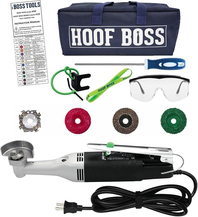 Hoof Boss Electric Horse Hoof Trimmer Kit — Rotary Farrier Tool for Horses with Trimming & Finishing Discs, Chain File, Safety Glasses & Tool Bag (Plug‑in)