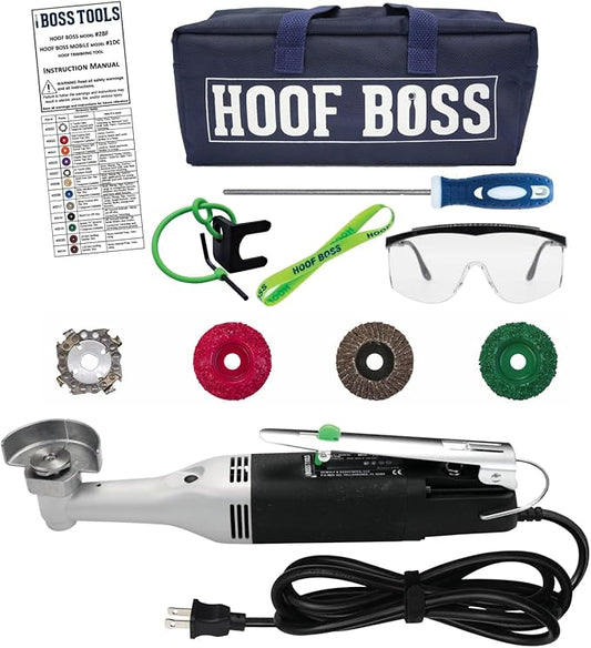 Hoof Boss Electric Horse Hoof Trimmer Kit — Rotary Farrier Tool for Horses with Trimming & Finishing Discs, Chain File, Safety Glasses & Tool Bag (Plug‑in)