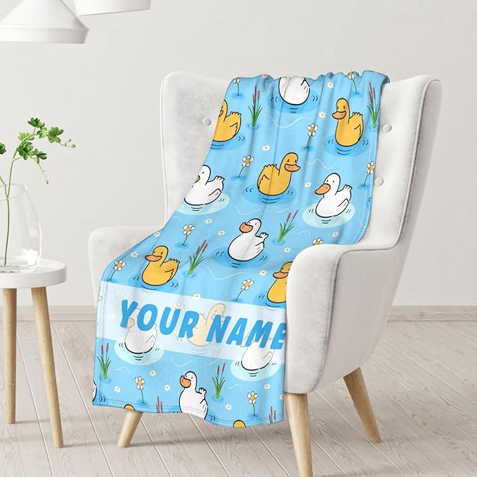 Personalized Duck Throw Blanket - Soft, Fuzzy & Warm - 60x80 Inches Twin Size Blanket for Bed, Couch - Blue Cute Throw Gift for Girls, Boys