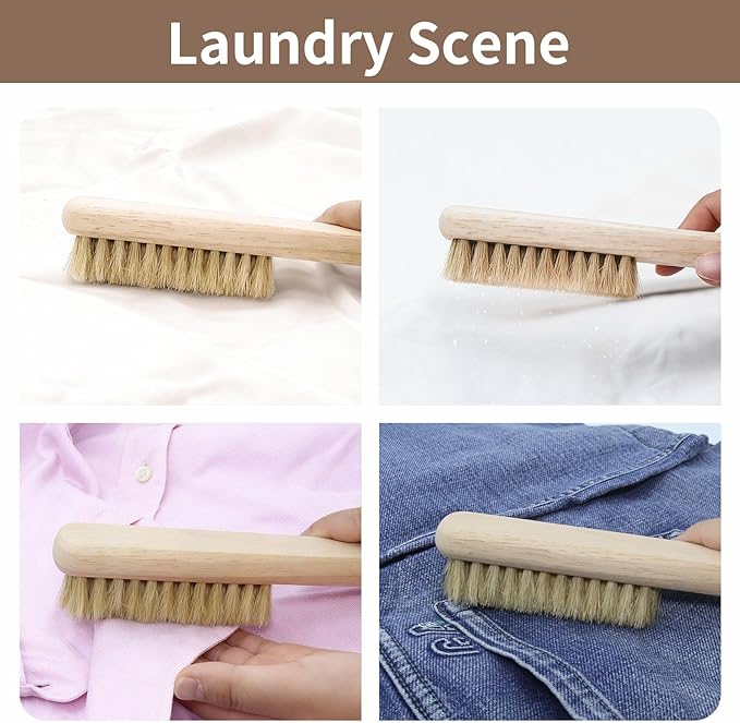 Wood Laundry Stain Brush with Boar Bristle, Tough Stain Remover for Delicate Fabric, Cotton, Linens, and Shoes, Laundry Scrub Brush for Fresh and Clean Fabric