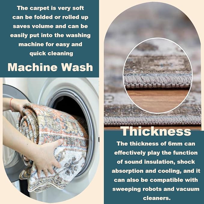 Washable Area Rug 5'x7' Retro Boho Chic Medallion Distressed Design Living Room Indoor Non-Slip Large Oriental Accent Throw Rug for Kitchen Bedroom Office Carpet