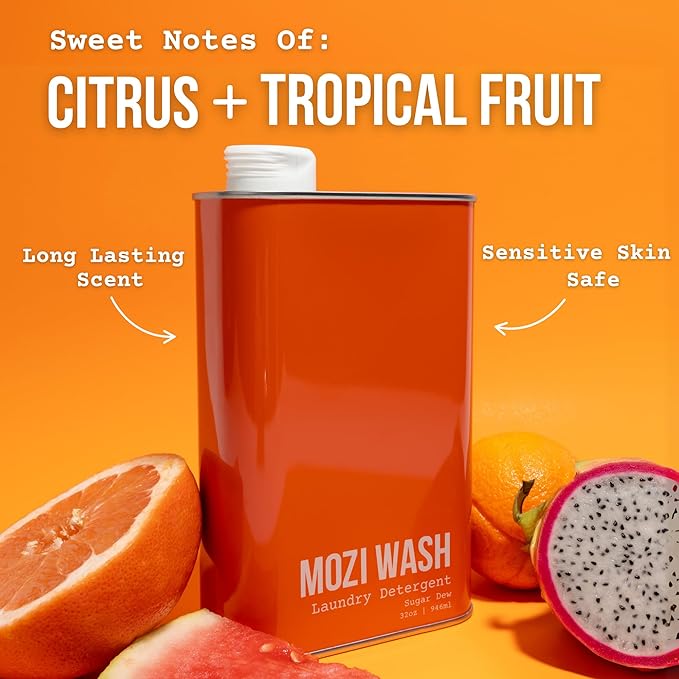Mozi Wash Laundry Detergent Liquid, Sugar Dew- Citrus & Hibiscus, 50+ Loads, Non toxic, Plant Based Enzyme Cleaners, Phosphate & Paraben Free, Long Lasting Luxury Clean, 32 oz Recyclable Bottle