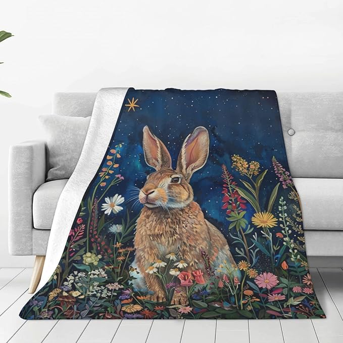 Bunny Throw Blanket Cute Rabbit Floral Decor Blanket Super Cozy Plush Lightweight Soft Plush Flannel Fleece Jungle Animal Forest Blanket Gifts for Girls Boys Kids Women Men for Sofa Bed Couch 50"X60"