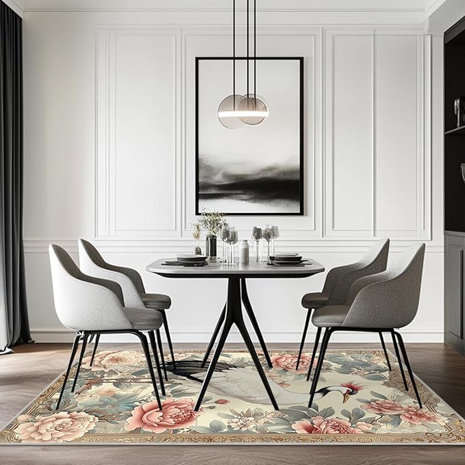 5x7 Crane Area Rugs Boho Japanese Crane Floral Rug for Living Room Indoor Soft Non-Slip Thin Large Carpet Beige Rugs for Bedroom Home Decor Under Table Washable Machine