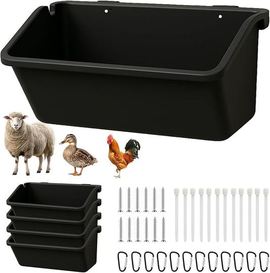 Hanging Chicken Feeder & Water Trough 5Qt – Poultry Coop Feed Buckets for Chickens, Ducks & Goats | Durable Farm Fence Feeders with Metal D-Clips and Screws(4 Pack)