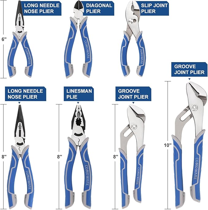 COMOWARE 7Pcs Pliers Set, Mechanic Plier with Rolling Pouch, 10", 8" Groove Joint Pliers, 8" Adjustable Wrench, 8" Linesman, 6" Long Needle Nose, 6" Slip Joint, 6" Diagonal, Roll-Up Pouch Organizer