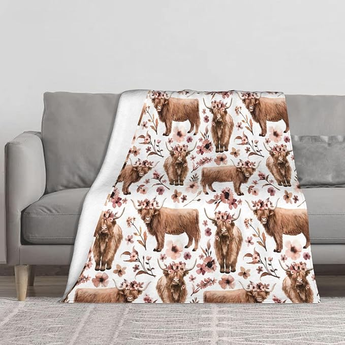 Highland Cow Blanket Super Cozy Soft Highland Cow Throw Blanket Warm Plush Fluffy Cow Lightweight Fleece Flannel Gifts Blankets for Kids Adults 60"X50"