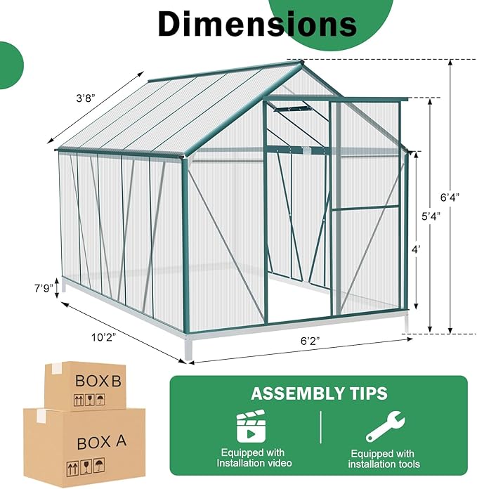 WACASA 10x6 FT Polycarbonate Greenhouse for Outdoors, Heavy Duty Aluminum Greenhouses kit with Rain Gutter, Vent and Lockable Door, Walk-in Green House for Winter, Garden, Patio, Backyard, Green