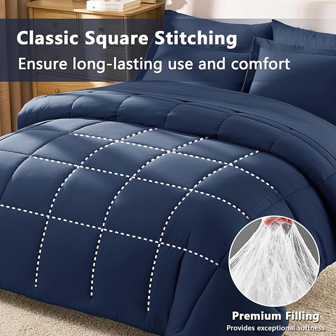 CozyLux King Size Comforter Set Navy Blue - 7 Pieces Bed in a Bag King, Okeo-Tex Certifited Bedding Set, All Season Soft Bed Set with Down Alternative Comforter, Sheets, Pillowcases & Pillow Shams
