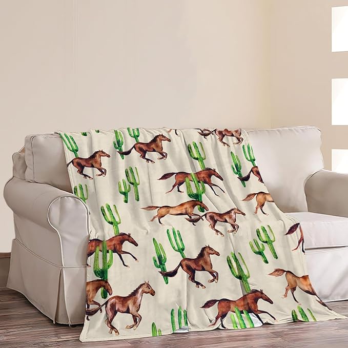 Horse Blanket Horses Throw Blanket Soft Fleece Flannel Bedding Horses Cactus Gifts for Men Boys Women Girls Lovers Adults Stuff Plush for Couch Sofa Bed Room Decor 50"X60"