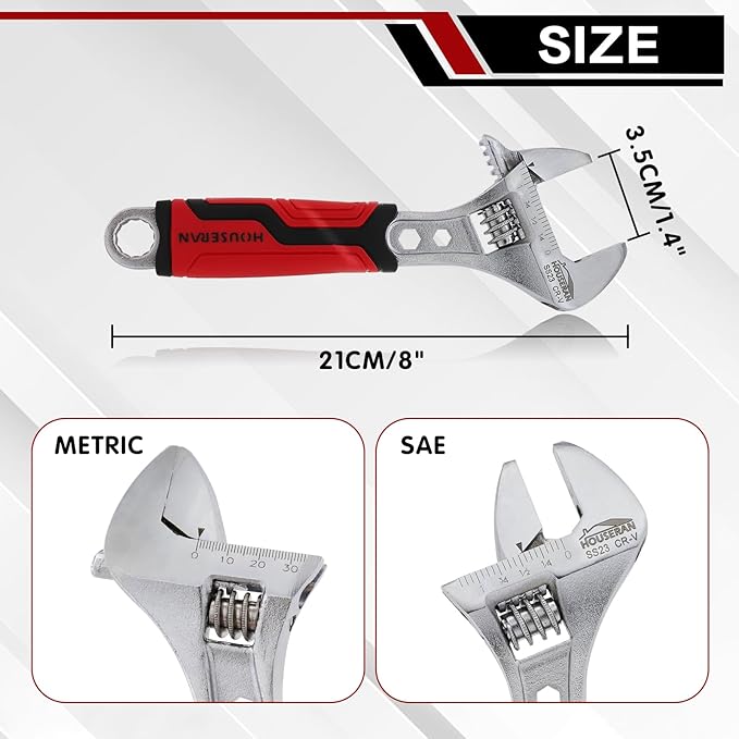 8-Inch Adjustable Wrench, Wide Jaw Adjustable Wrench with Anti-Slip Grips, Cr-V Steel Wrenchs for Home Repair, DIY, Garage