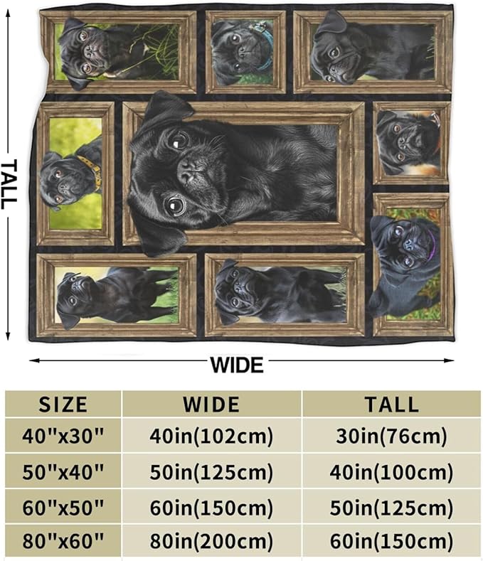 Black Pug Blanket Pug Dog Blankets Fleece Plush Flannel Super Soft Cozy Warm Lightweight Cute Pugs Dogs Decor Gifts for Boys Girls Kids Adults Men Women 40" x 50"