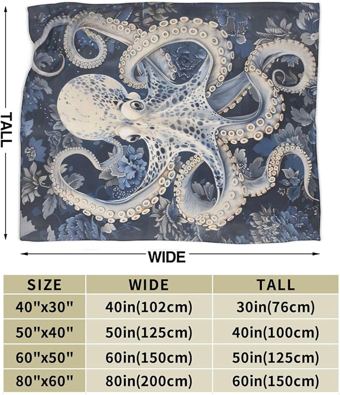 Octopus Blanket Ocean Throw Blanket Soft Warm Cozy Fuzzy Plush Marine Nautical Throw Blanket Gifts for Girls Women Octopus Fleece Flannel Gift Blankets for Kids Adults 60"X80"