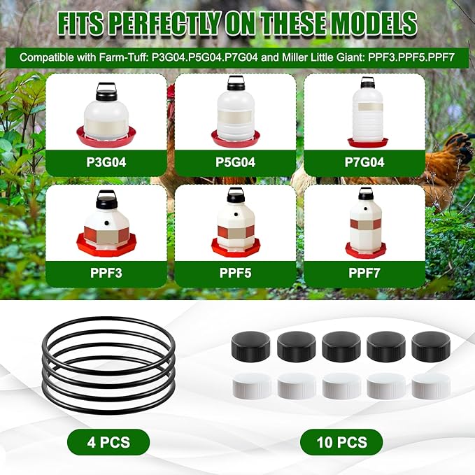 Plastic Poultry Waterer Replacement Parts Kit - 10 Caps & 4 O-Rings, Compatible with Miller, Little Giant PPF & Farm-Tuff 3/5/7 Gallon Poultry Founts (Black & White)