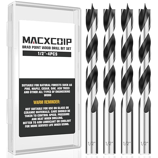 1/2" Brad Point Wood Drill Bit Set, 4Pcs Drill Bit Set with Double Flutes Design for Carpenter Woodworking and All Types of Wood