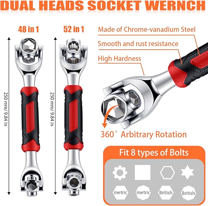 Lasnten 8 Pcs Universal Socket Wrench Set Including 8", 10", 12” Adjustable Wrench, 52 In1 and 48 In1 Dog Bone spanner, 1/4", 3/8", 1/2" Drive Ratchet spanner for Home Bicycle and Car Repair