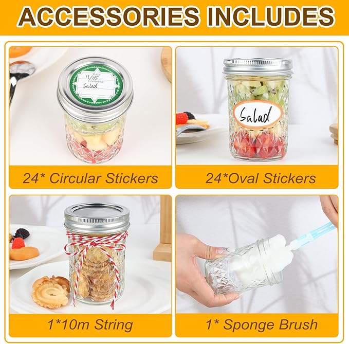 24 Pack Mason Jars 8 oz with Regular Lids and Bands, Half Pint Canning Jars, Small Glass Jars for Honey Jelly Jam Crafts