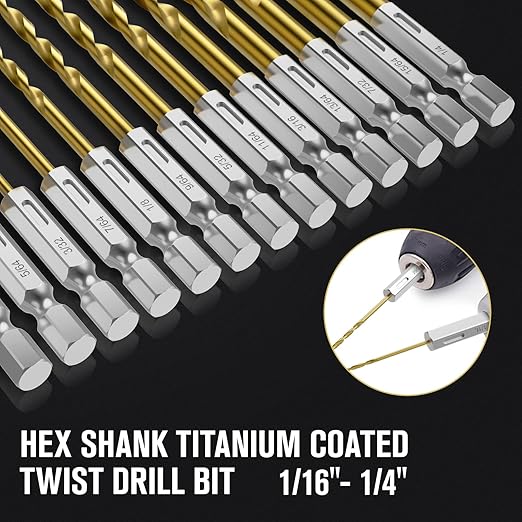 Drill Bit Set, 19Pcs Twist Drill Bit (13Pcs Hex Shank Drill Bit Set+6Pcs Cobalt Drill Bit) for Sheet Metal, Wood, Plastic, Quick Change Design (1/16" - 1/4")