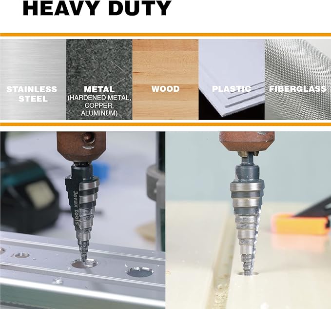 M2 HSS Quick Change 1/8" - 1/2" Step Drill Bit Double Fluted Drill Bits for Hole Drilling in Stainless Steel, Copper, Aluminum, Wood, Plastic