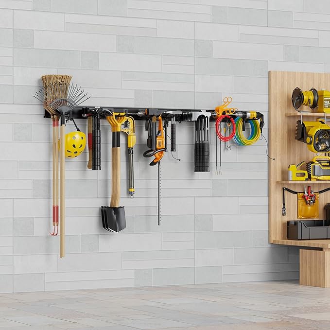 Garage Organizer - 64 Inch Wall Mount Tool Storage, 20PCs Heavy Duty Garden Tool Organizer with Adjustable Hooks, Max 900 lbs