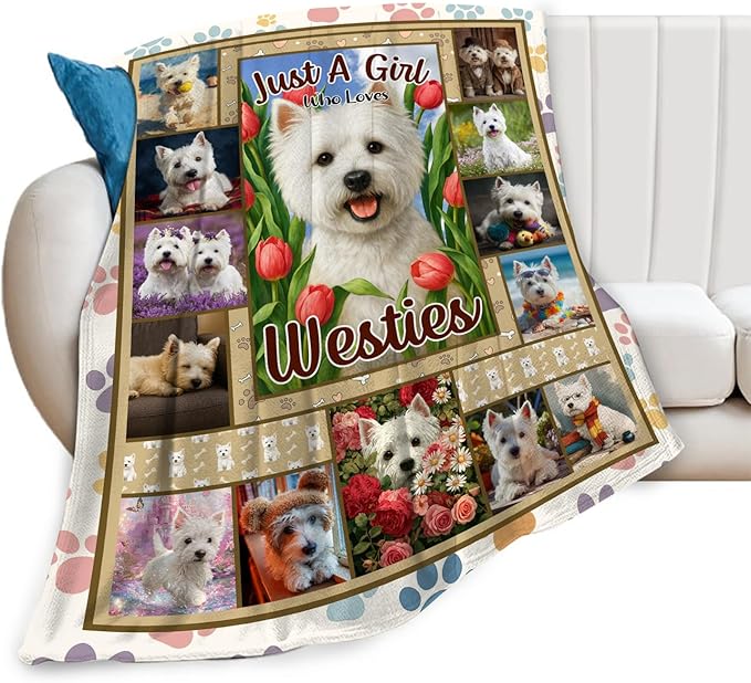 West Highland White Terrier Fleece Blanket Cute Westies Dog Throw Blankets for Girls Boys Super Soft Warm Flannel Animal Throws Gifts for Men Women Cozy Fuzzy Plush Stuffed Couch Bed Decor 80"X60"