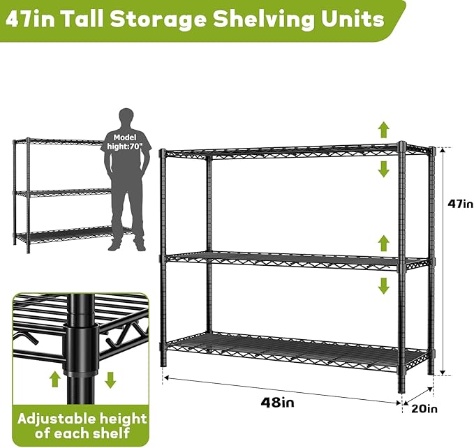 Storage Shelves, 4 PCS 48" L x 20" W x 47" H Heavy Duty Garage Wire Shelving Unit Loads 1200LBS, 3-Tier Adjustable Metal Industrial Utility Shelf Rack for Kitchen, Laundry Room, Basement