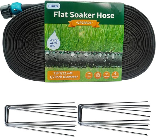 2025 Flat Soaker Hose 75 ft with Stake for Garden, Linkable Drip Hose Diy Automates Garden Irrigation System Saving 84% Water, Dual-layer Leak-free Design Water Hose with Holes