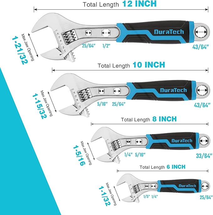 DURATECH 4-Piece Adjustable Wrench Set, 6-inch, 8-inch, 10-inch, 12-inch, 3-in-1 Spanner with Box End/Hex Function, CR-V Steel, Chrome-plated, Bi-material soft Grip, with Rolling Bag