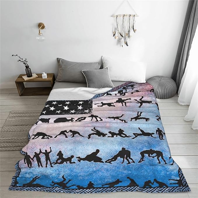 Wrestling Blanket American Flag Decor Throw Blanket Super Soft Flannel Lightweight Fluffy Plush Fuzzy Fleece Sports Blanket Gifts for Wrestler Boys Man Woman Girls Kids Adults for Bed Sofa 60"X80"