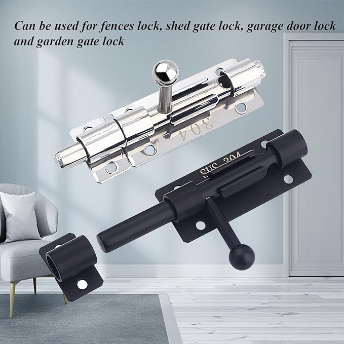 6in Slide Bolt Gate Latch 304 Stainless Steel Barrel Bolt Latch Heavy Duty Door Security Lock Thickened Door Latches Hardware with Mounting Screws for Barn Fence Shed Basement