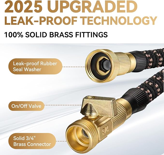 50 ft Expandable Garden Hose - Kink Free Flexible Water Hose with Thumb-Controlled 10-Function Nozzle, 3/4 Solid Brass Connectors, Retractable Latex Core - Lightweight Expanding Hose