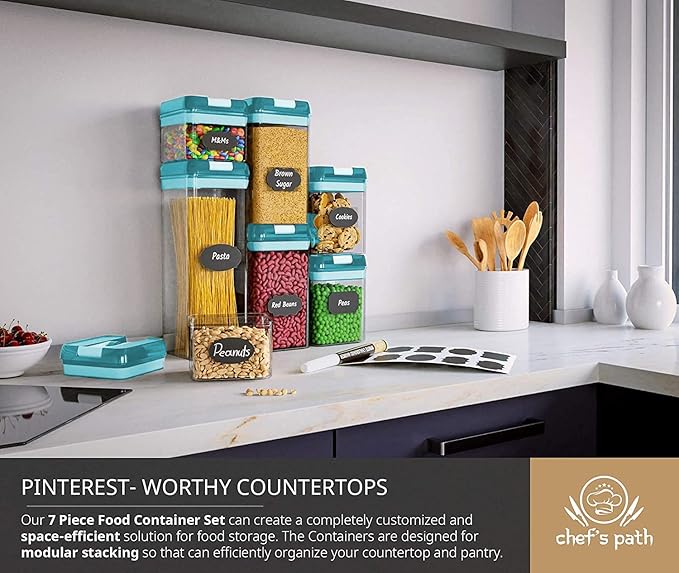 Airtight Food Storage Containers for Pantry Organization & Storage - 7 PC Pantry Organizer Plastic Containers for Food with Flip Lock Lids - Stackable Sugar Container & Food Storage Canisters (Teal)