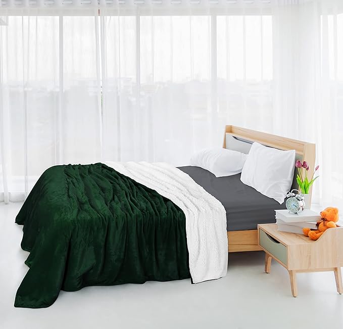 Utopia Bedding Sherpa Blanket Queen Size (Forest Green, 90x90 Inches) - Soft Lightweight Plush Fleece Reversible Blanket for Bed, Sofa, Couch, Camping and Travel