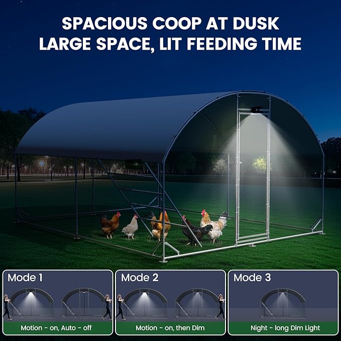 Chicken Coop Large Metal Chicken Run with Full-Top Waterproof Cover - Chicken House for 16/20 Chickens, Poultry Cage with Solar Light, Backside Poles, Walk-in Pen for Rabbits Ducks Yard 2 Room