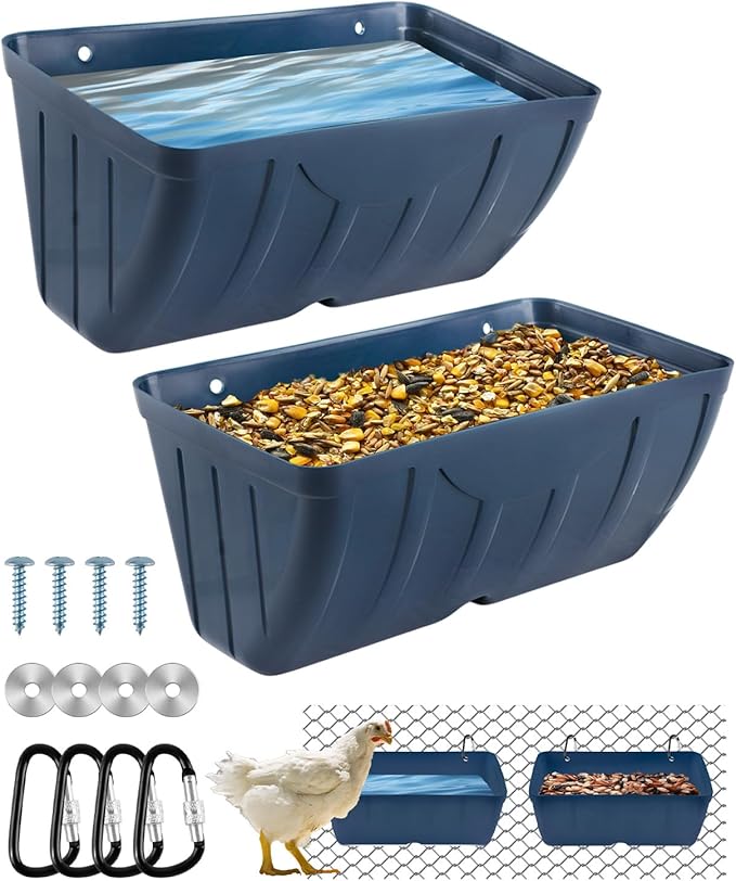 Chicken Feeders, 2 Pack, Duck Feeders and Waterers, Hanging Poultry Water Feeder, Livestock Fence Feeder, Feed Trough and Waterer Bucket with Clips, Blue