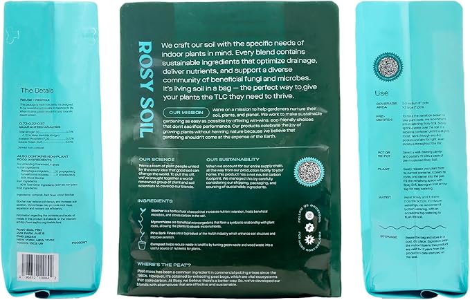 Rosy Soil Indoor Potting Soil for House Plants, 2 x 8 qrt - Organic Potting Soil Mix for Indoor Plants -Enriched w/Root-Boosting Biochar for Foliage Plants, Flowers, Herbs - Pack of 2