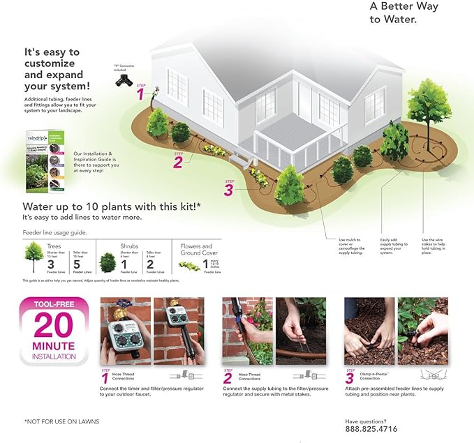 Raindrip SDFSTH1P Automatic Drip Irrigation Watering Kit with Timer for Flowers, Shrubs, and Trees, Waters up to 10 Plants, Includes Timer with Customizable Settings, 2 GPH Drippers