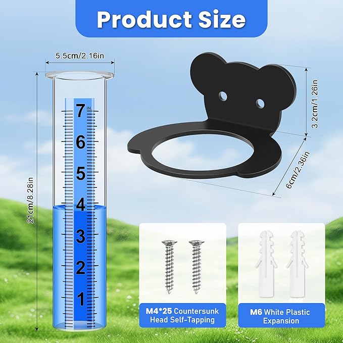 Rain Gauge Outdoor, Rain Gauge Replacement Tube with Stainless Steel Mounting Rack Holder, 7" Clear Large Numbers Rain Gauge Measuring Tool for Garden Yard Lawn Patio Yard Fence and Farm Use (Bear)