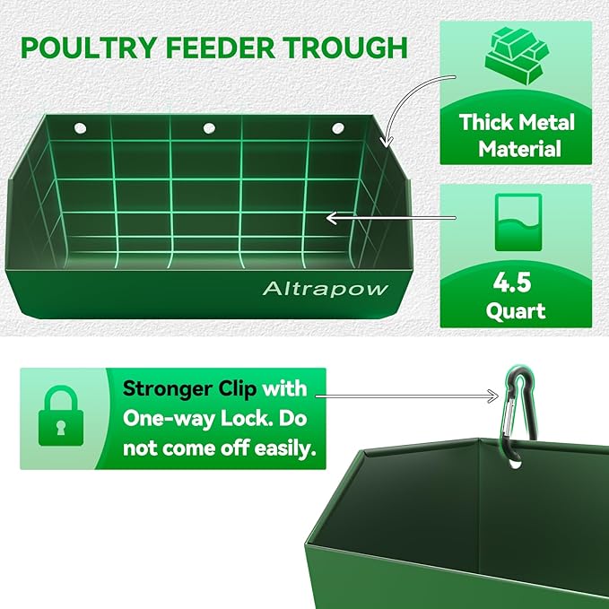 4.5 Quart Hanging Goat Feeder [Material of Metal] with Clips and Nylon Tie Wraps, Fence Feeder [Sturdy and Durable] for Goat, Pig and Dog, Green, 4 Pack