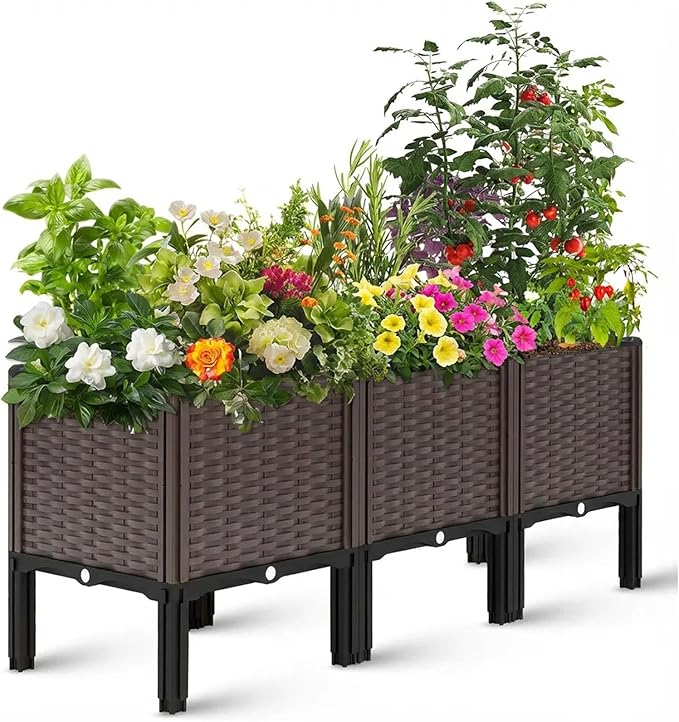 3 Sets Elevated Garden Bed with Legs,Outdoor Raised Planter Boxes for Herbs/Vegetables/Flowers, Patio Plant Containers with Drainage Holes, Heat & Frost Resistant Garden Boxes for Outdoor Gardening