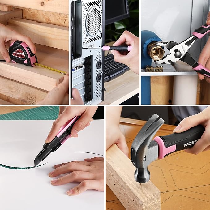 WORKPRO Pink Tool Set with 3.7V Rotatable Electric Screwdriver, 18PCS Portable Ladies Home Tool Kit with Toolbox, Cordless Electric Screwdriver Kit, Household tool kit for Dorm, Apartment -Pink Ribbon