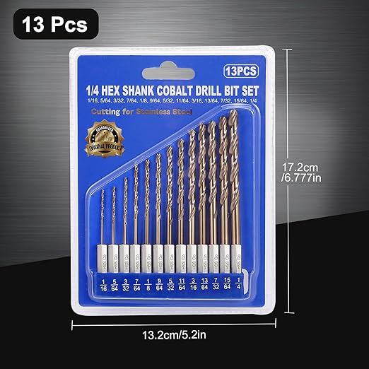 1/4 Hex Shank Cobalt Drill Bit Set for Metal and Hardened Steel, 13Pcs 1/16"-1/4" M35 HSS Twist Drill Bits for Impact Driver, with Index Holder