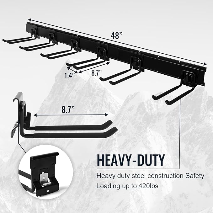 Garage Organization Wall Mount, 48inch Garden Tool Organizer with 6 Clamping Hooks, Heavy Duty, Garage Hanging Storage Rack for Yard Tools, Shovel, Shed, Hold Up to 420lbs (48Inch Black)