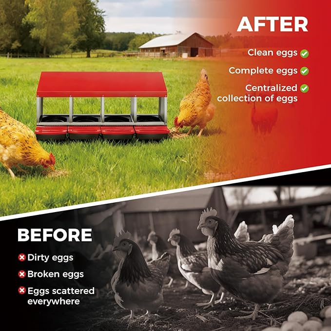 GarveeLife Chicken Nesting Box, 4 Compartments Laying Nest Boxes for Laying Eggs Chicken Brooder Box Nest Box with Perch 4 Hole Red