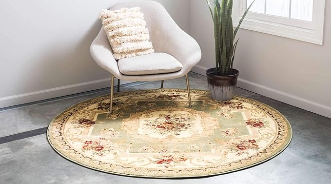 Unique Loom Versailles Collection Traditional Classic Floral Motif Area Rug (6' 0 x 6' 0 Round, Green/ Ivory)