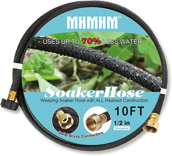 1/2" Soaker Hose for Garden Drip Hose Irrigation System with Solid Brass Fitting for Lawns Flower Beds & Vegetable Gardens (10FT)