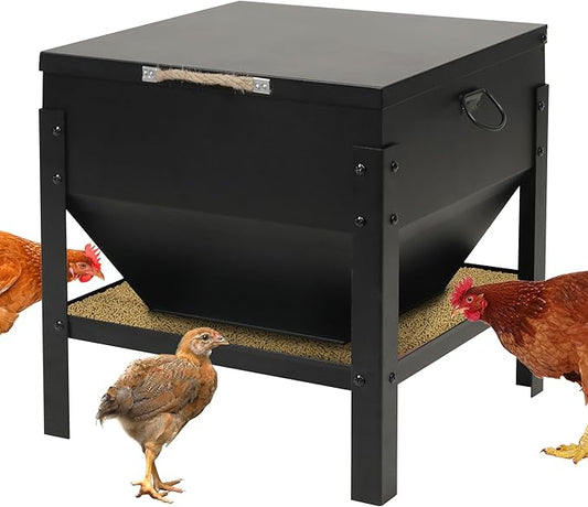 Solution4Patio All Metal Chicken Feeding Box 80 lbs Large Capacity Portable, Waterproof Lid, Hens and Roosters, No Waste Coop Poultry, Galvanized Steel Feeder Standing for Chickens