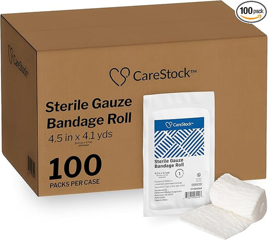 CareStock Gauze Rolls Bandage [Pack of 100] 4.5 in x 4.1 yds, Sterile, Rolled Cotton Dressing, First Aid Wrap, Medical Grade Supplies