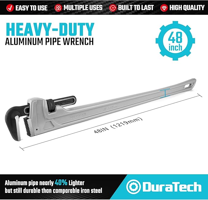 DURATECH 48-inch Heavy Duty Aluminum Straight Pipe Wrench, Adjustable Plumbing Wrench, Drop Forged, Exceed GGG standard